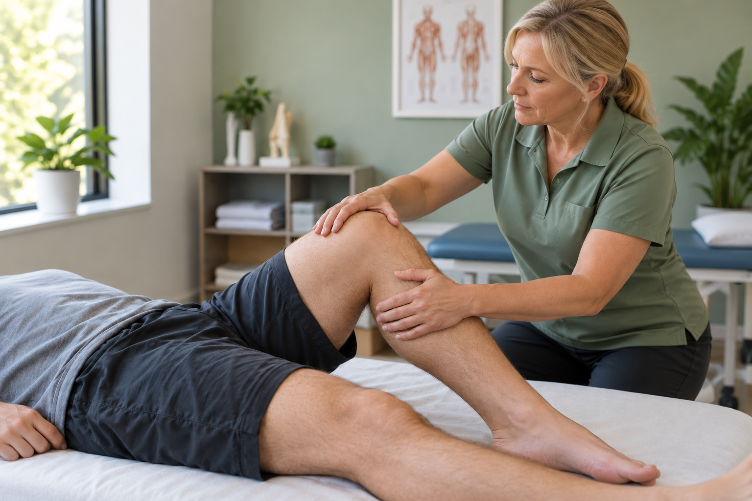 Illustration of hands-on knee assessment in a physical therapy setting