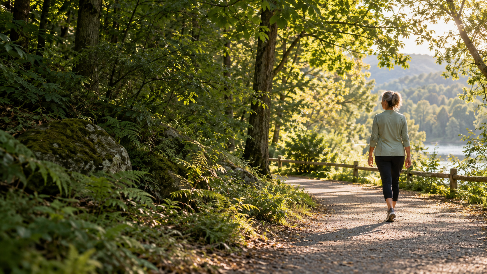 Illustrative scene of a woman walking on a sunlit park trail