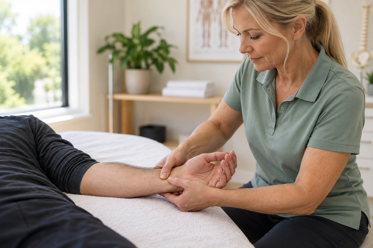 Illustrative close-up of manual physical therapy